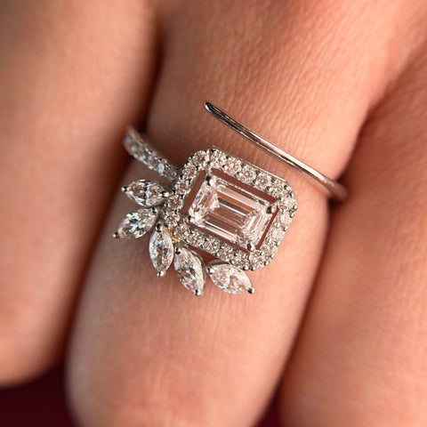 Emerald Cut Moissanite Diamond Sterling Silver Engagement Ring