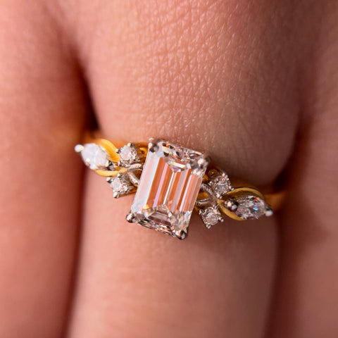 Emerald Cut Moissanite Diamond Sterling Silver Engagement Ring