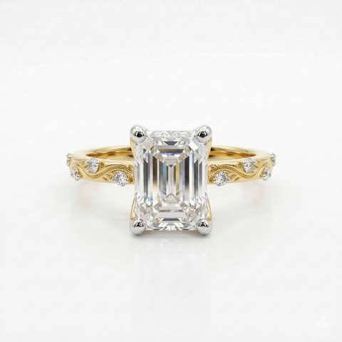 Emerald Cut Moissanite Diamond Twisted Pave Sterling Silver Ring