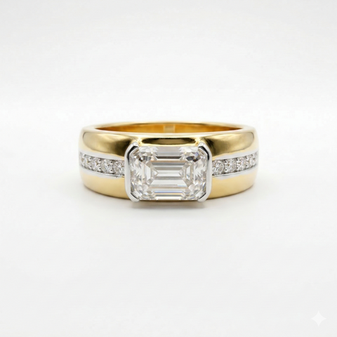 Emerald & Round Cut Moissanite Diamond Men's Sterling Silver Ring