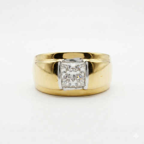 Princess Cut Moissanite Diamond Men's Sterling Silver Ring