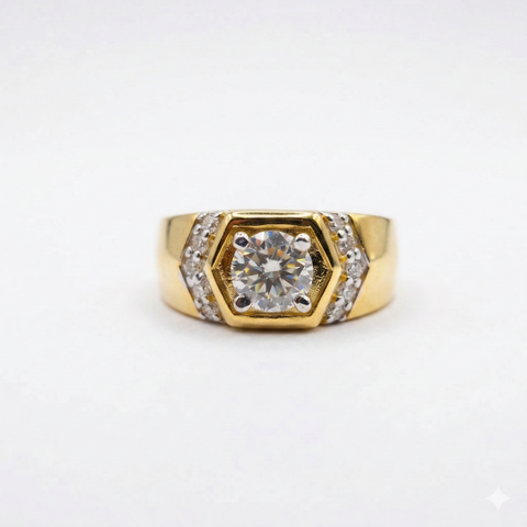 Round Cut Moissanite Diamond Men's Sterling Silver Ring