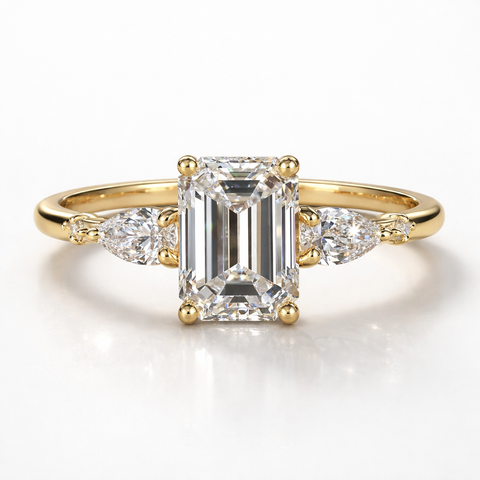 Emerald & Pear Cut Moissanite Diamond Engagement Sterling Silver Ring