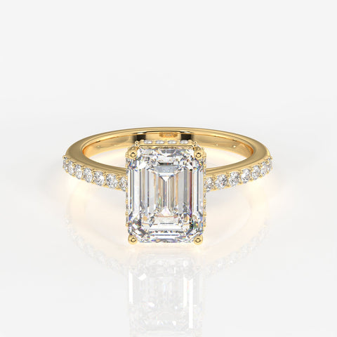Emerald Cut Moissanite Diamond Hidden Halo Sterling Silver Ring