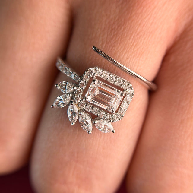 Emerald Cut Moissanite Diamond Sterling Silver Engagement Ring