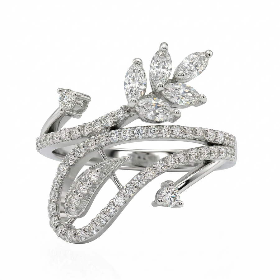 Marquise & Round Moissanite Diamond Sterling Silver Engagement Ring
