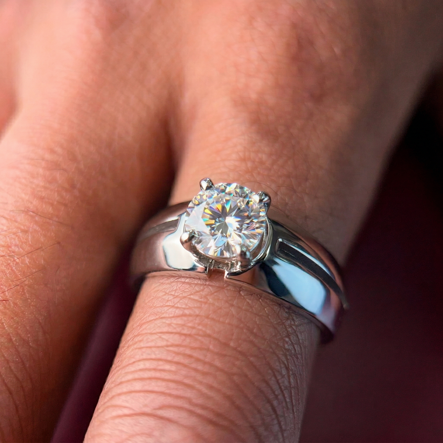 Round Moissanite Diamond, Simple Classic Men's Sterling Silver Ring
