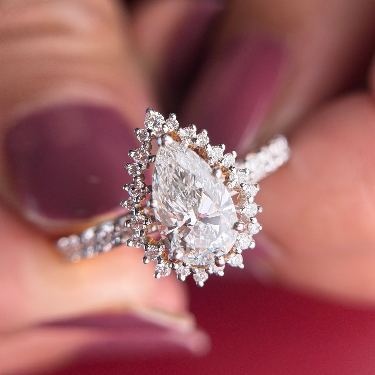 Halo Style Pear Cut Moissanite Diamond Sterling Silver Engagement Ring