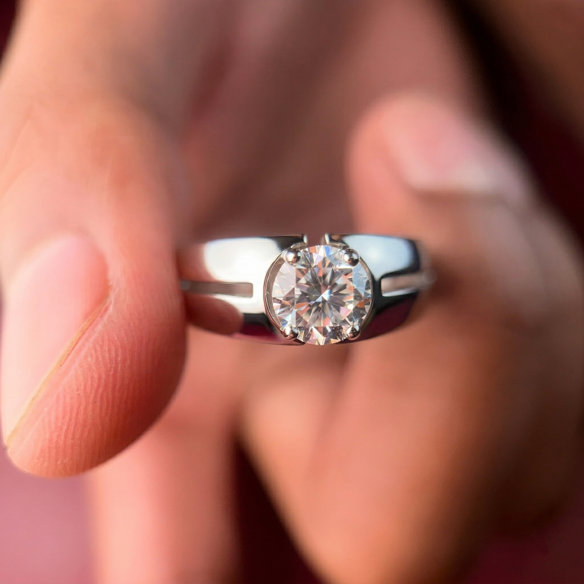 Round Moissanite Diamond, Simple Classic Men's Sterling Silver Ring