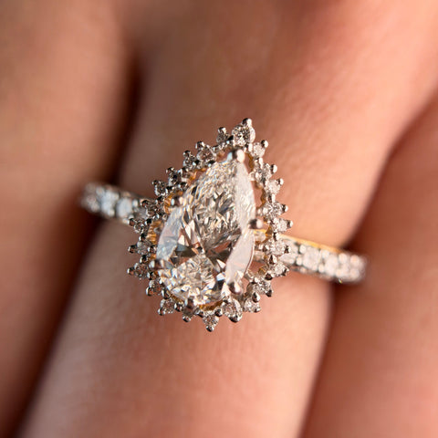 Halo Style Pear Cut Moissanite Diamond Sterling Silver Engagement Ring