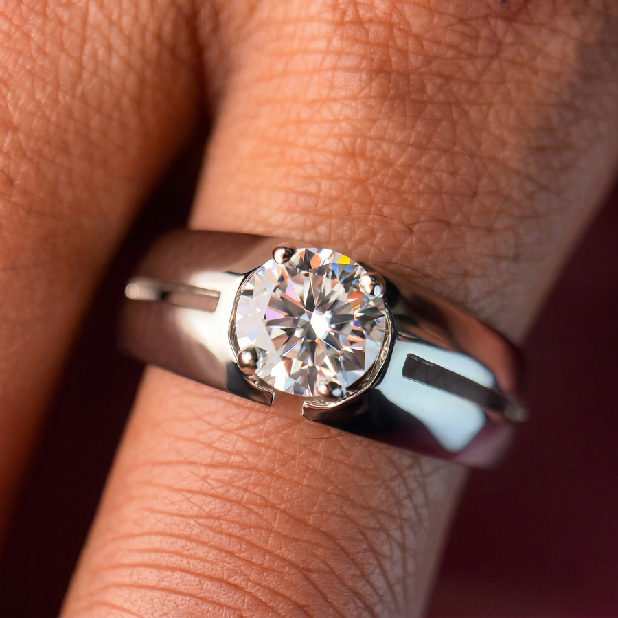 Round Moissanite Diamond, Simple Classic Men's Sterling Silver Ring