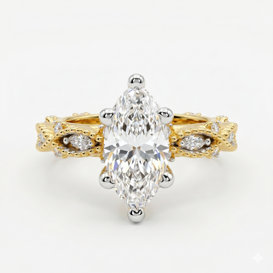 Marquise Cut Moissanite Diamond Twisted Pave Sterling Silver Ring