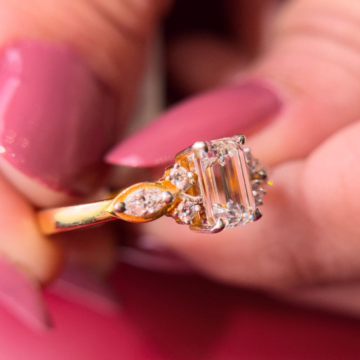 Emerald Cut Moissanite Diamond Sterling Silver Engagement Ring