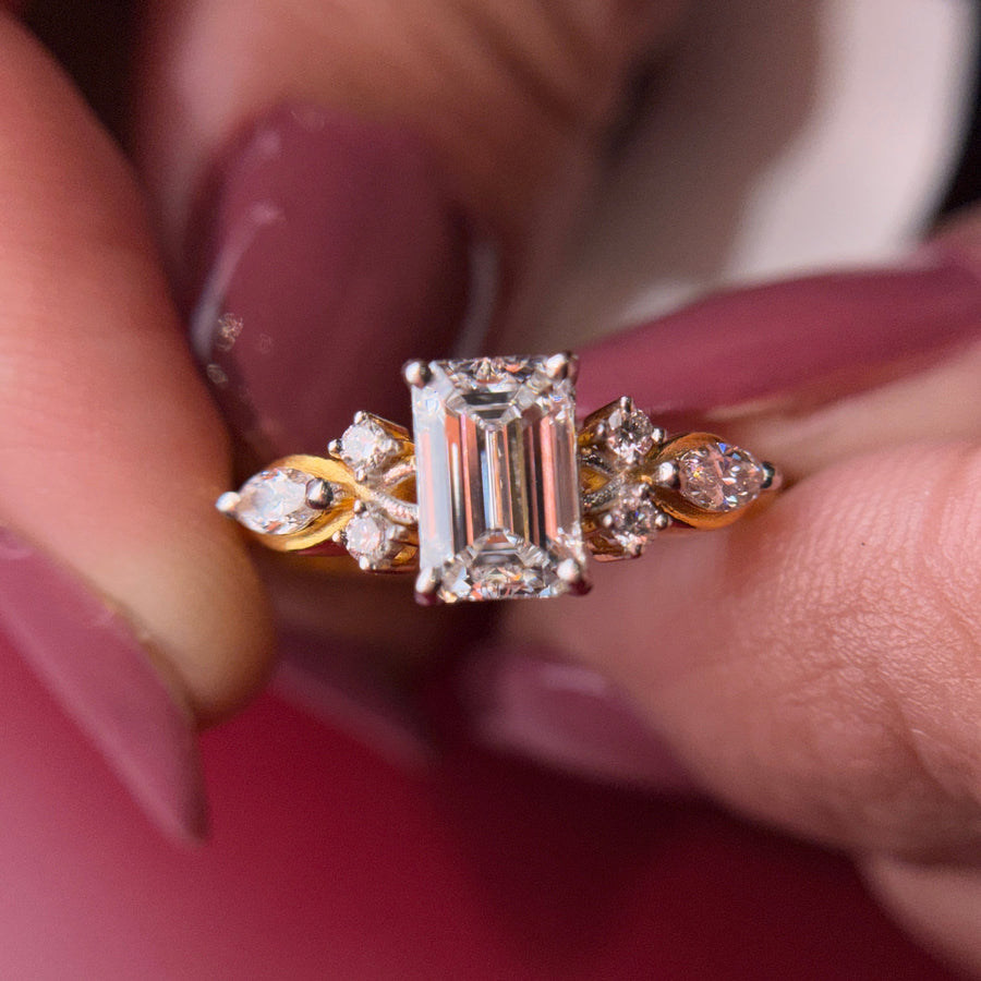 Emerald Cut Moissanite Diamond Sterling Silver Engagement Ring