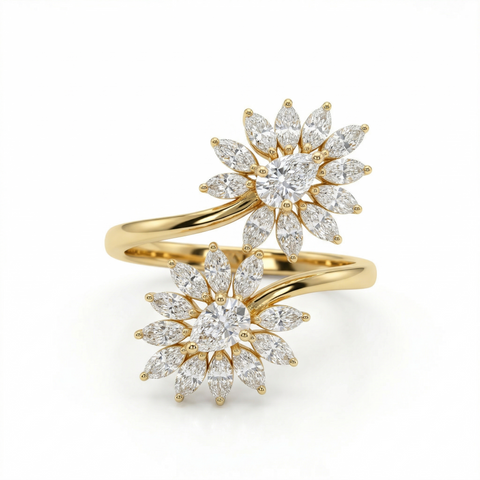 Double Flower Moissanite Diamond Sterling Silver Engagement Ring