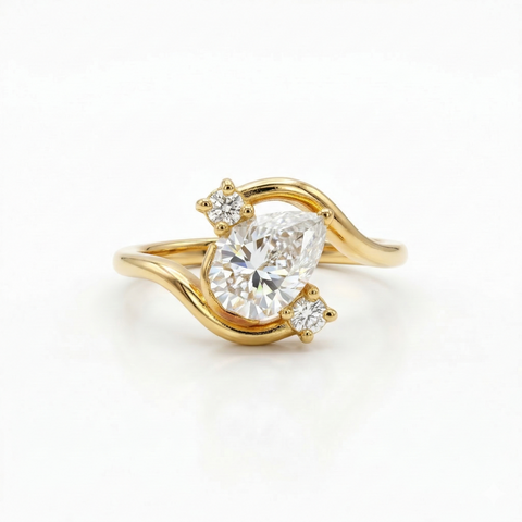 Pear and Round Moissanite Diamond Engagement Sterling Silver Ring