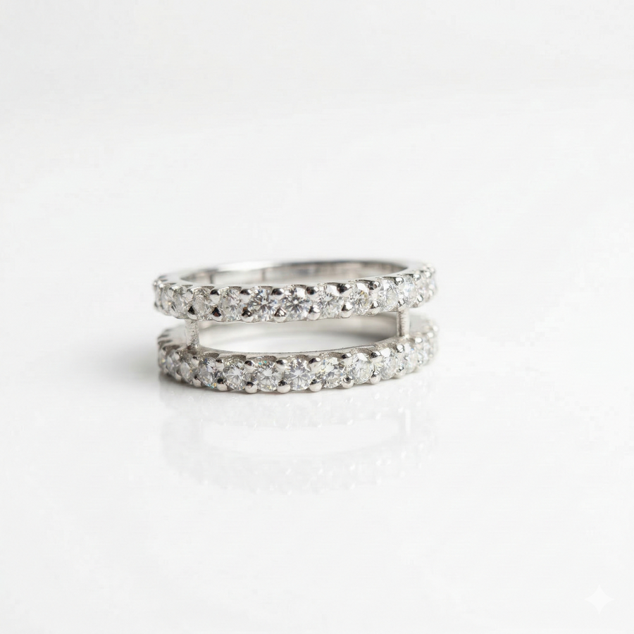 Round Cut Two Lane Moissanite Diamond Sterling Silver Wedding Ring Band