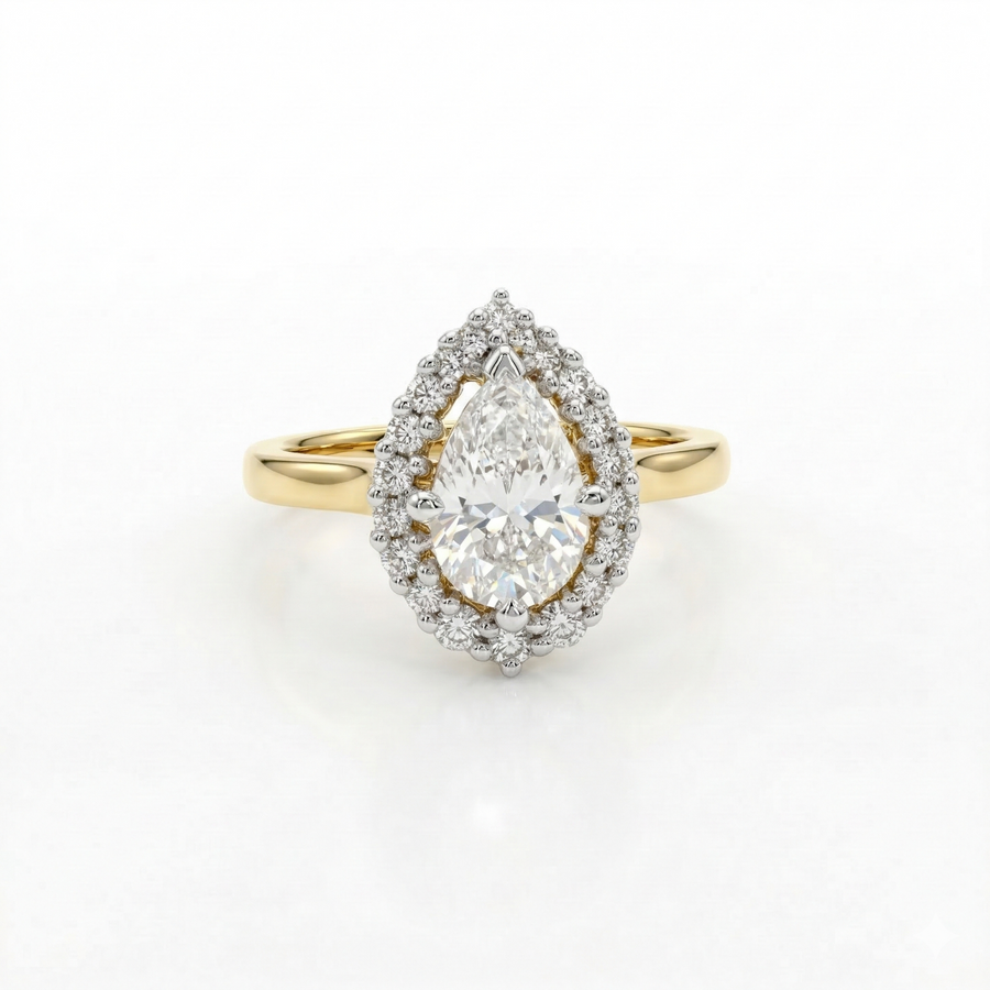 Pear Cut Moissanite Diamond Halo Sterling Silver Ring