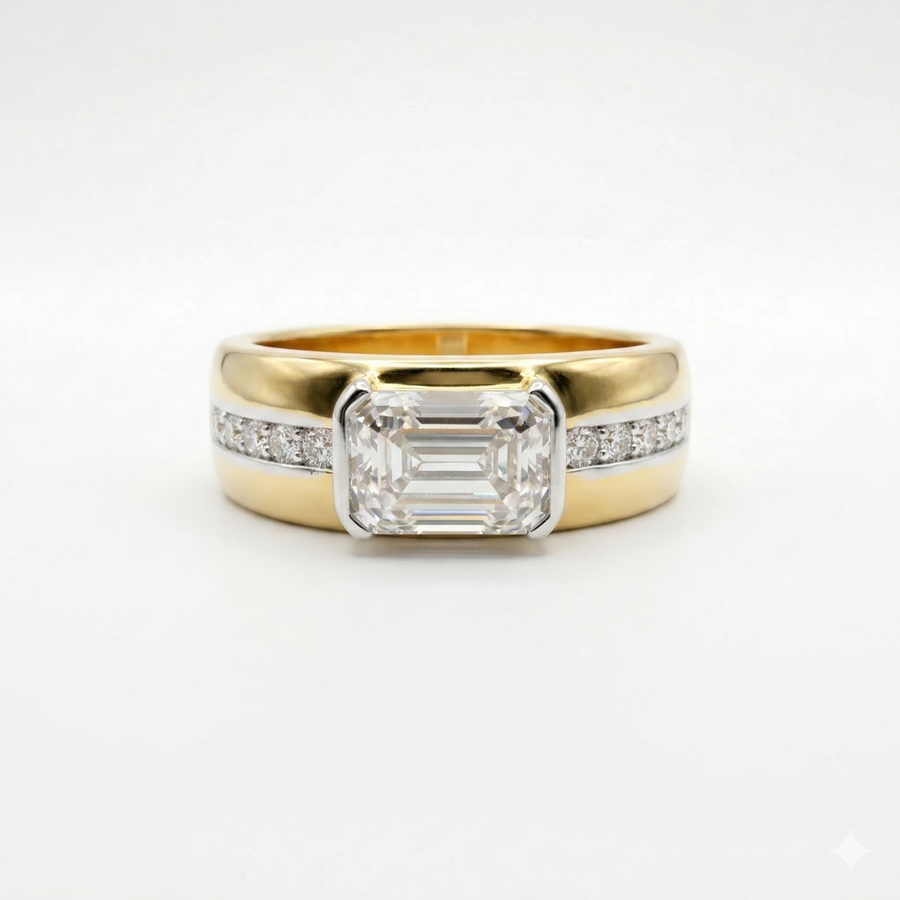 Emerald & Round Cut Moissanite Diamond Men's Sterling Silver Ring