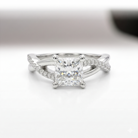 Princess Cut Moissanite Diamond Sterling Silver Engagement Ring