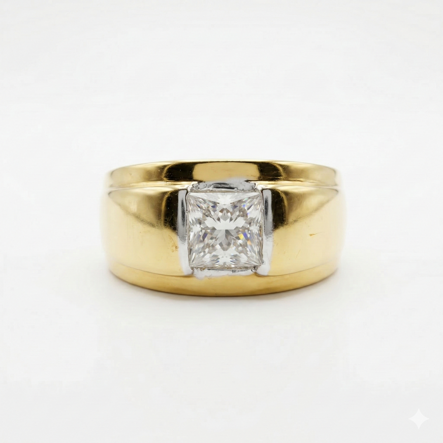 Princess Cut Moissanite Diamond Men's Sterling Silver Ring