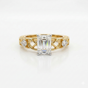 Emerald & Round Cut Moissanite Diamond Sterling Silver Engagement Ring
