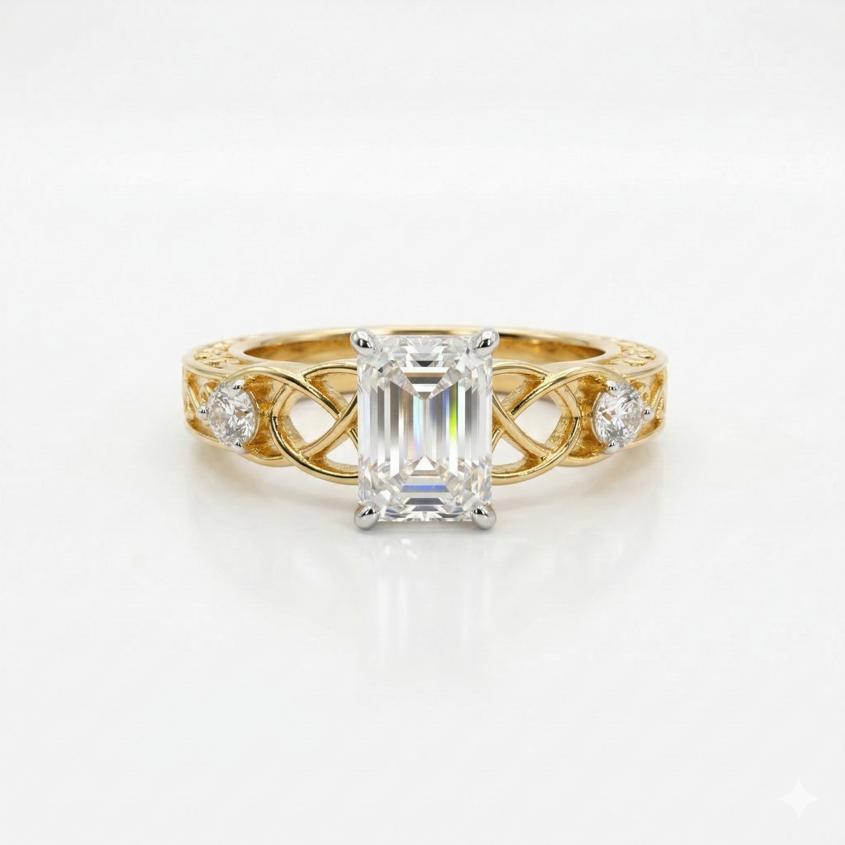 Emerald & Round Cut Moissanite Diamond Sterling Silver Engagement Ring
