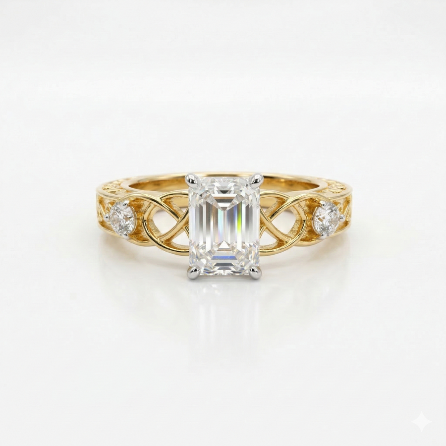 Emerald & Round Cut Moissanite Diamond Sterling Silver Engagement Ring