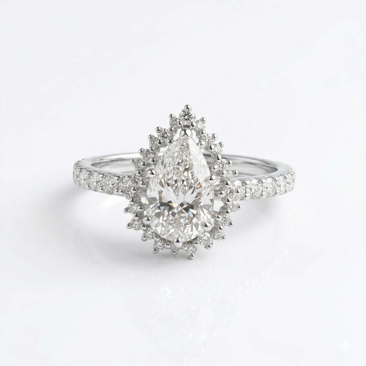 Halo Style Pear Cut Moissanite Diamond Sterling Silver Engagement Ring