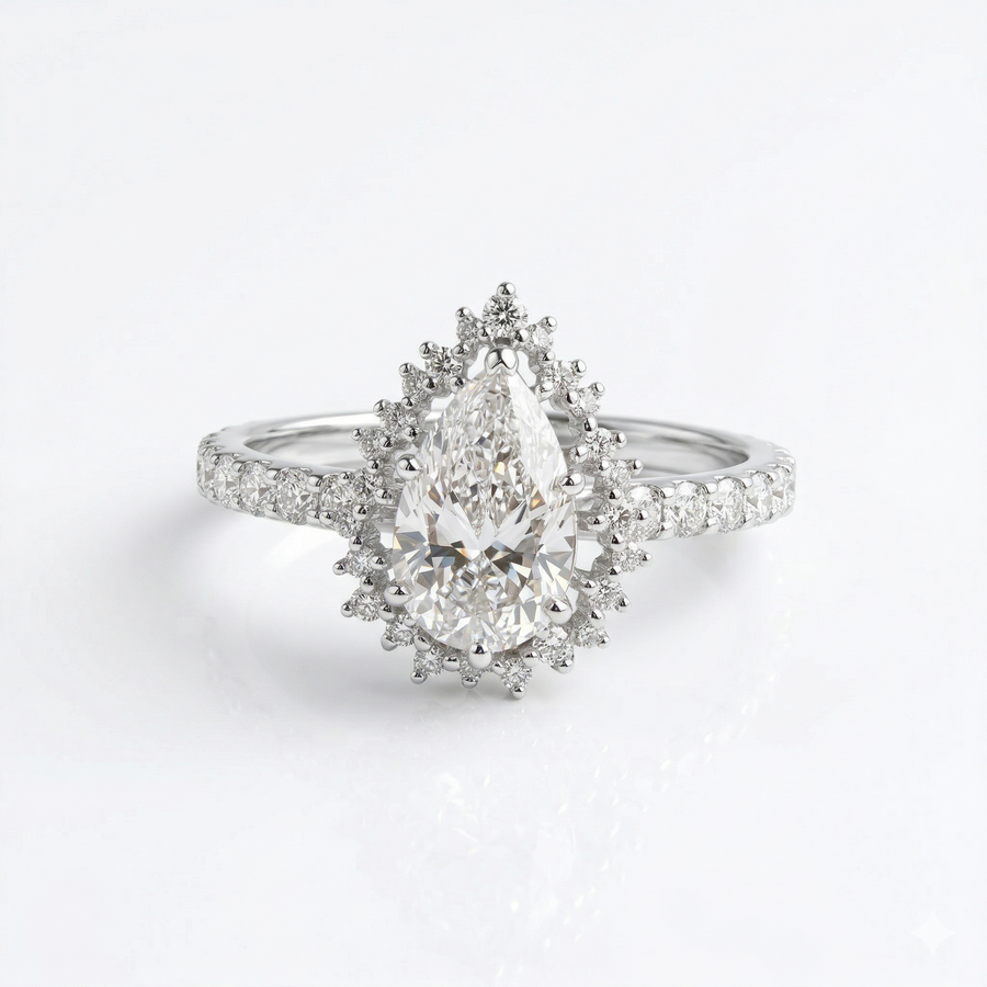 Halo Style Pear Cut Moissanite Diamond Sterling Silver Engagement Ring