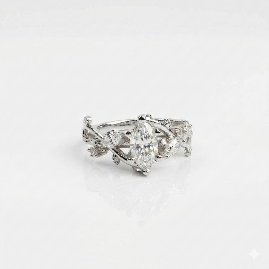 Marquise Cut Moissanite Diamond Sterling Silver Engagement Ring