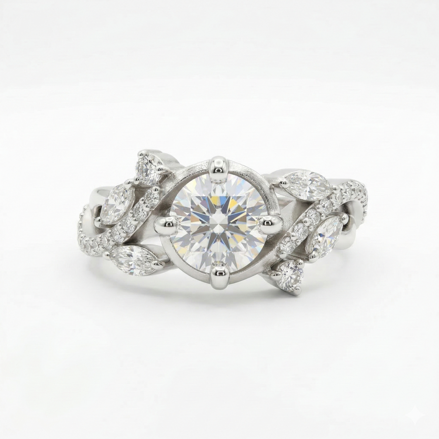 Round Cut Moissanite Diamond Sterling Silver Engagement Ring