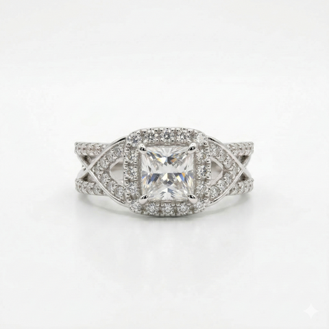 Princess & Round Cut Moissanite Diamond Sterling Silver Engagement Ring