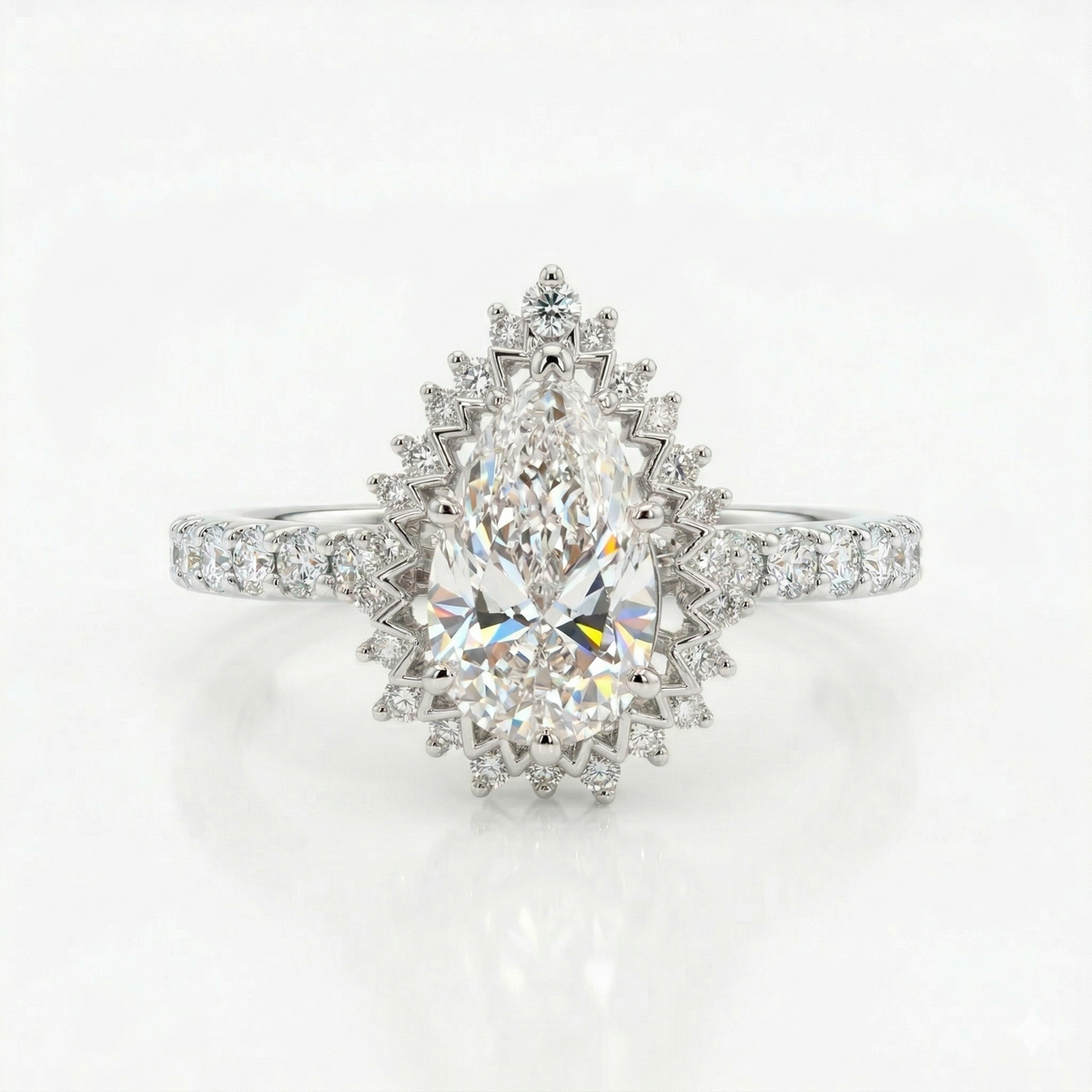 Halo Style Pear Cut Moissanite Diamond Sterling Silver Engagement Ring