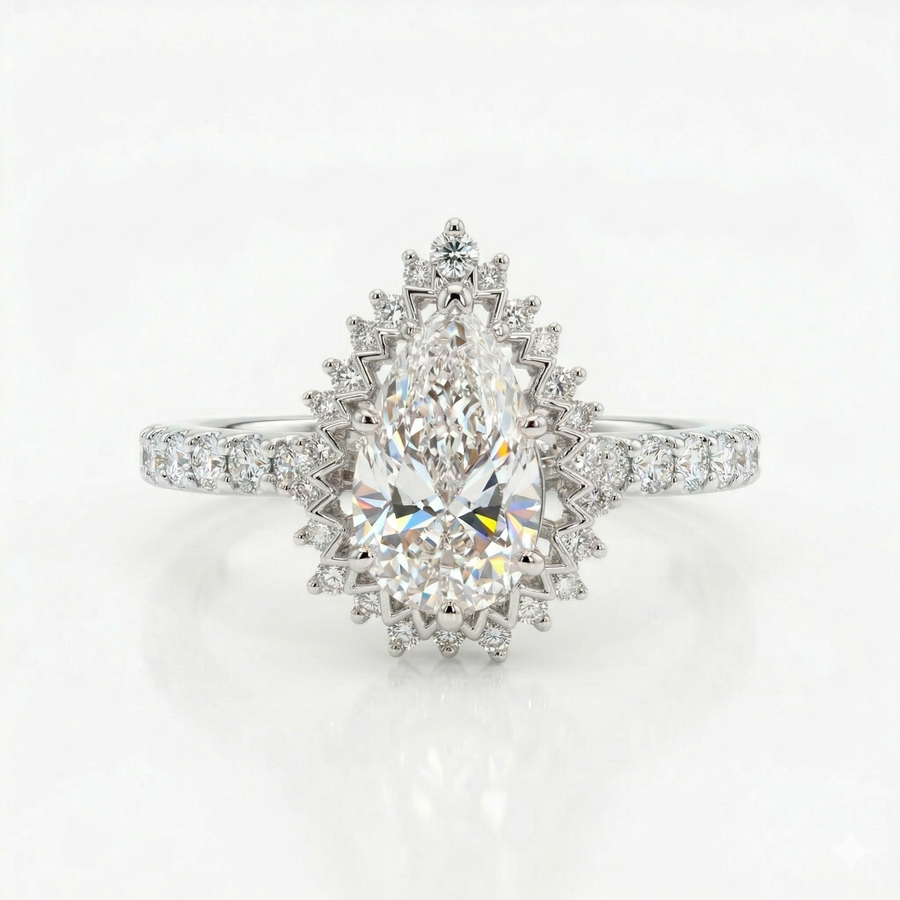 Halo Style Pear Cut Moissanite Diamond Sterling Silver Engagement Ring