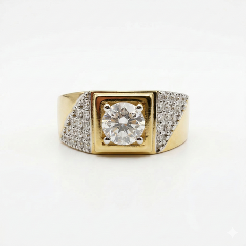 Round Cut Moissanite Diamond Men's Sterling Silver Ring