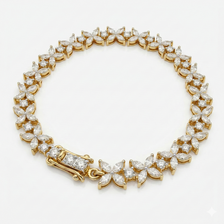 Classic Flower Petal Moissanite Diamond Fashion Sterling Silver Bracelet