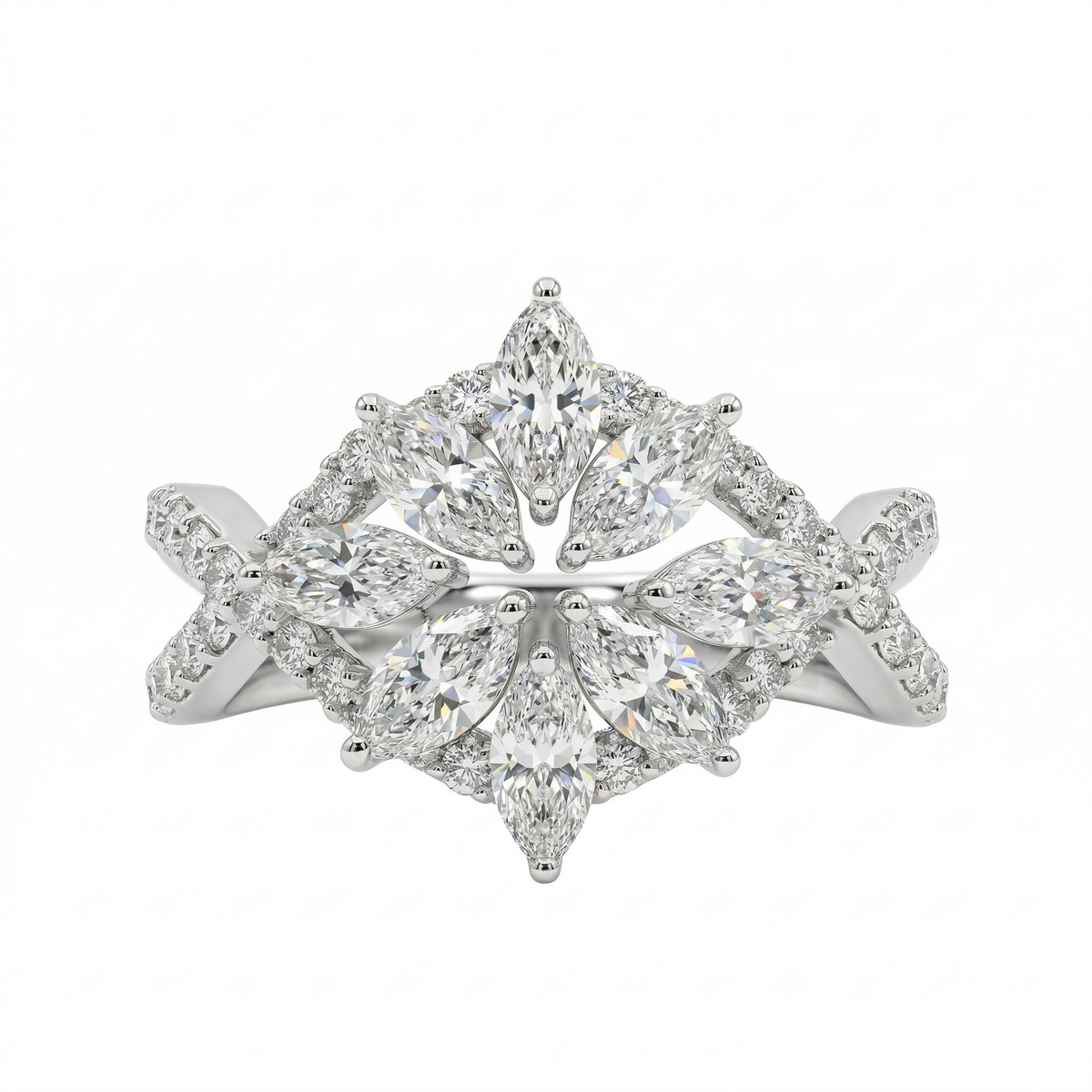 Marquise & Round Cut Moissanite Diamond Sterling Silver Engagement Ring