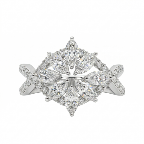 Marquise & Round Cut Moissanite Diamond Sterling Silver Engagement Ring