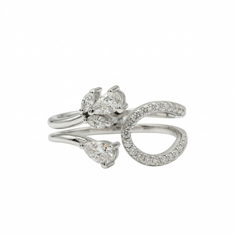 Pear & Round  Moissanite Diamond Sterling Silver Engagement Ring