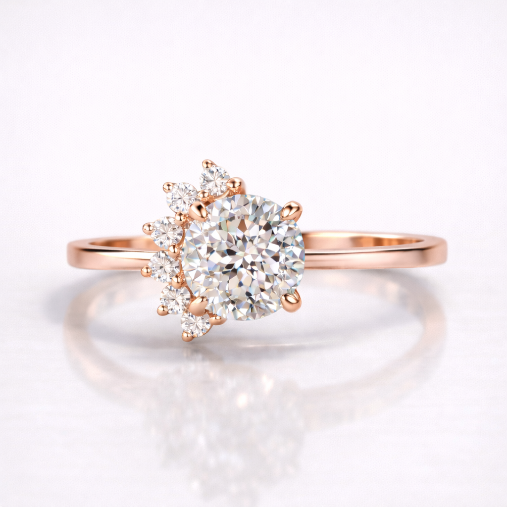 Portuguese Cut Moissanite Diamond Engagement Sterling Silver Ring