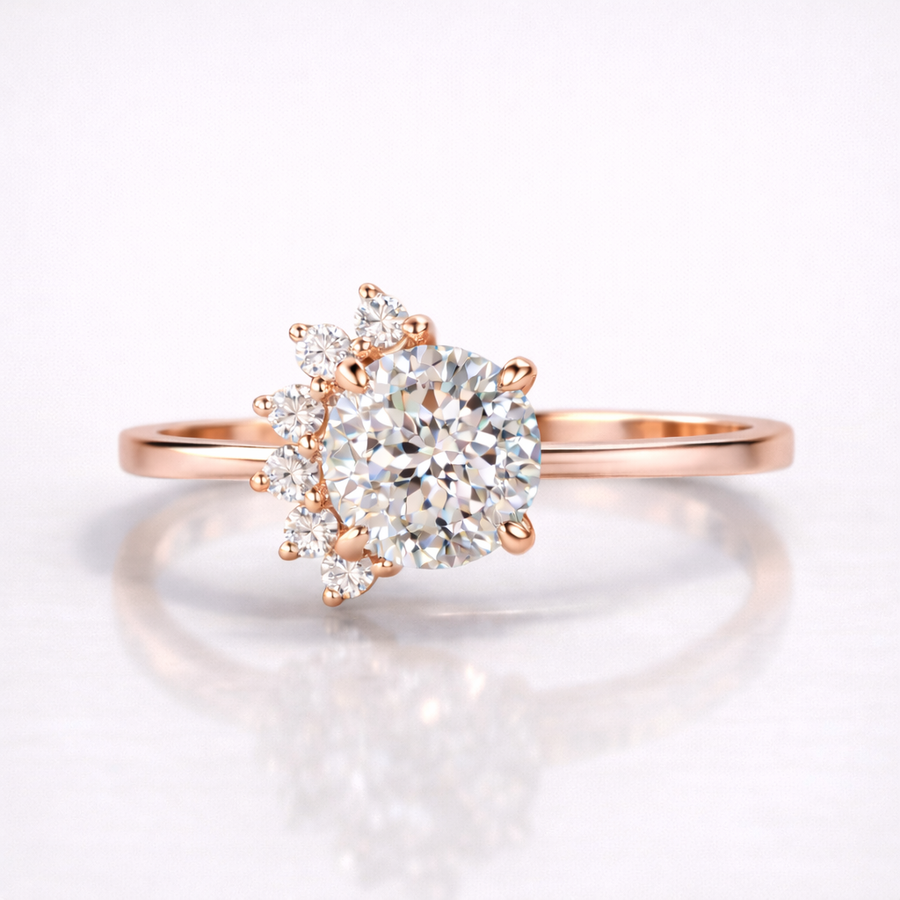 Portuguese Cut Moissanite Diamond Engagement Sterling Silver Ring