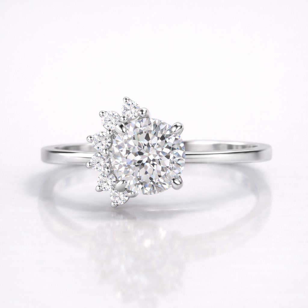 Portuguese Cut Moissanite Diamond Engagement Sterling Silver Ring