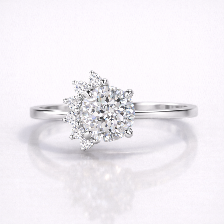 Portuguese Cut Moissanite Diamond Engagement Sterling Silver Ring