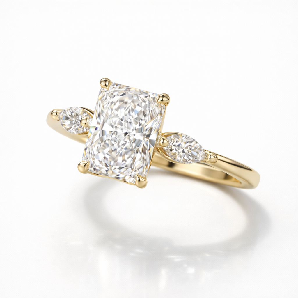 Radiant & Marquise Cut Moissanite Diamond Trilogy Sterling Silver Ring