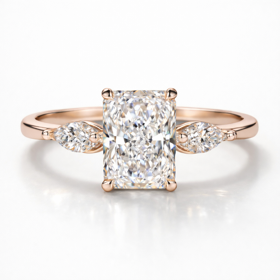 Radiant & Marquise Cut Moissanite Diamond Trilogy Sterling Silver Ring