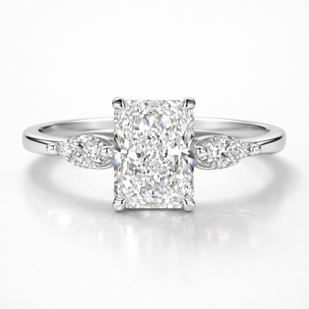 Radiant & Marquise Cut Moissanite Diamond Trilogy Sterling Silver Ring