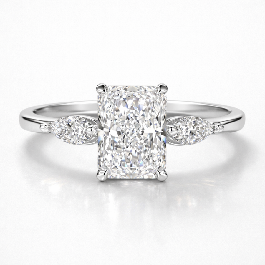 Radiant & Marquise Cut Moissanite Diamond Trilogy Sterling Silver Ring