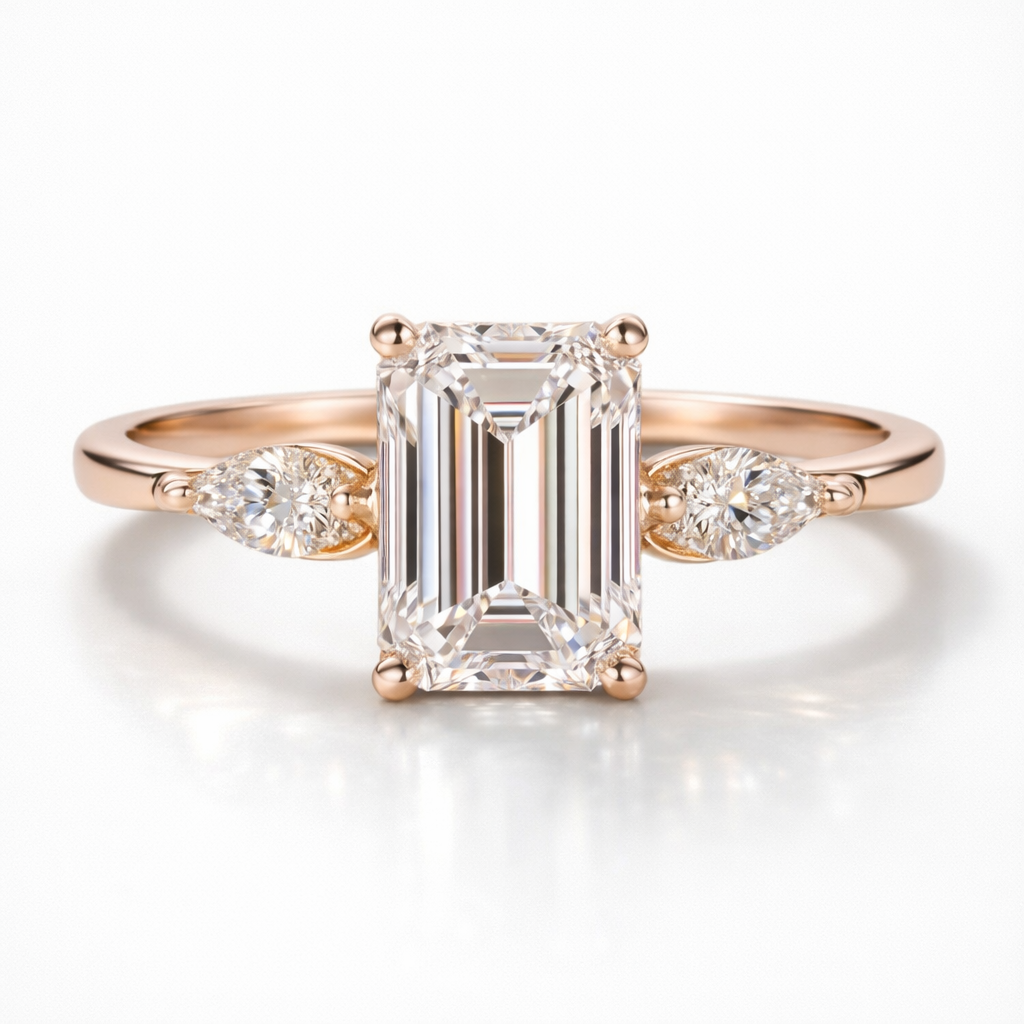 Emerald & Pear Cut Moissanite Diamond Engagement  Sterling Silver Ring