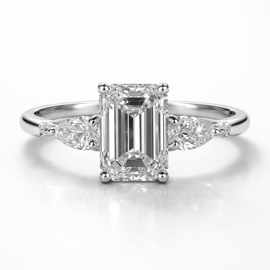 Emerald & Pear Cut Moissanite Diamond Engagement  Sterling Silver Ring